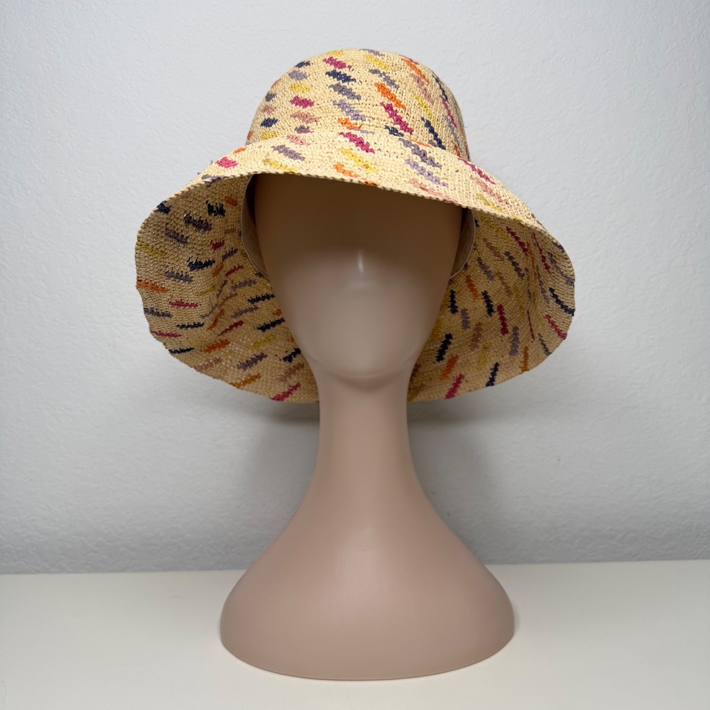 Greenpacha Kona Bucket Hat Womens Tan Multi Color Woven Straw Handmade Boho M